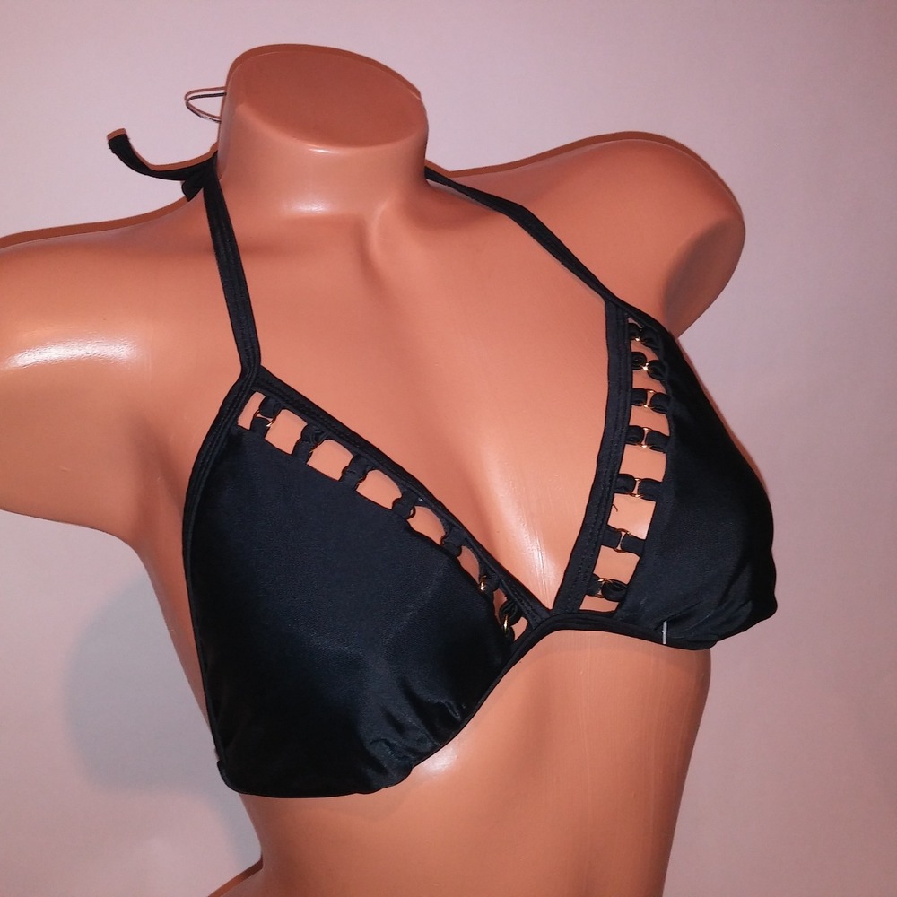Venus Swim Bikini Top Size B 32C 34B 36A Black Triangle Gold rings String Tie Up